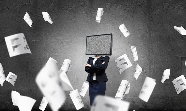 Business Woman Suit Instead Head Keeping Arms Crossed While Standing — Stock Photo, Image