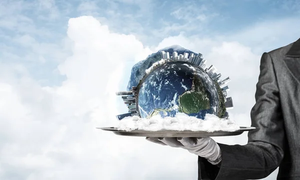 Cropped image of waitress\'s hand in white glove presenting Earth globe on metal tray with cloudy skyscape on background. 3D rendering. Elements of this image are furnished by NASA.