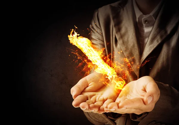 Cropped Image Businessman Suit Presenting Flaming Exclamation Mark His Hands — Stock Photo, Image