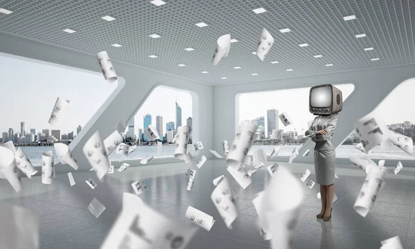 Business woman in suit with an old TV instead of head keeping arms crossed while standing among flying papers inside office building. 3D rendering.