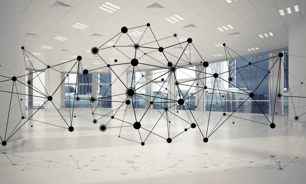 Lines connected with dots as social communication concept in office interior. 3D rendering