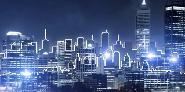 Modern night city scape glowing with lights and its drawn silhouette