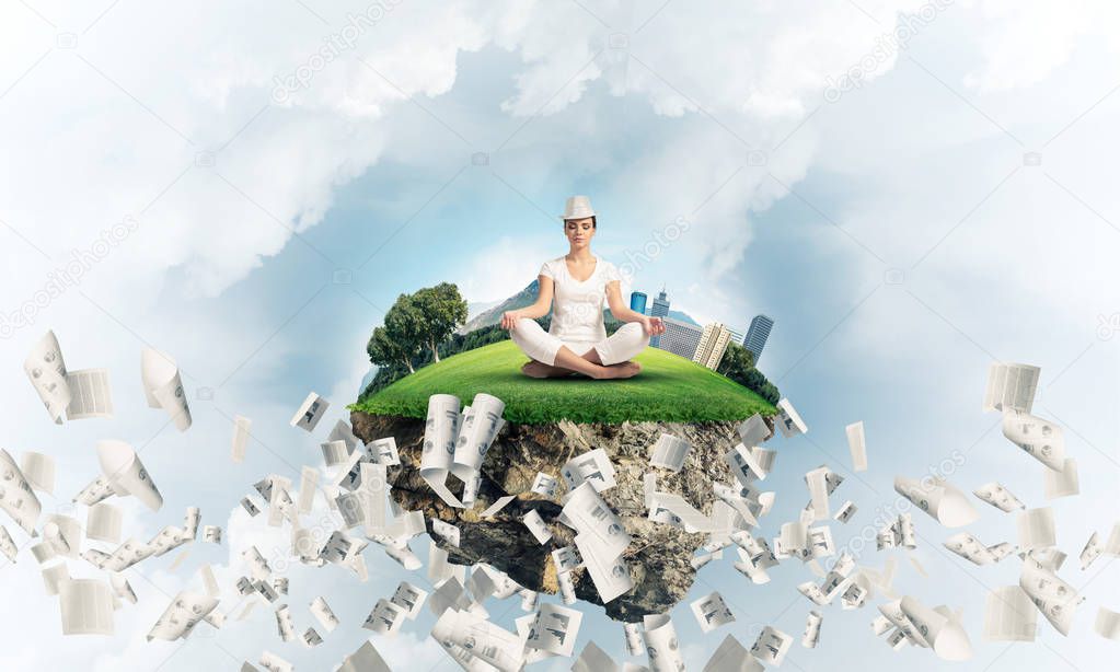 Woman in white clothing keeping eyes closed and looking concentrated while meditating on island in the air among flying papers with cloudy skyscape on background. 3D rendering.