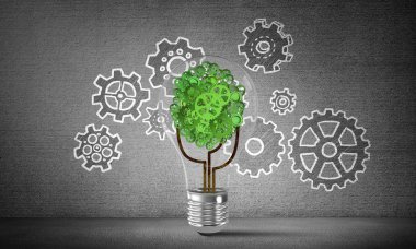 Cam ampul karşı içine yerleştirilen vites ağaçtan ile dişli mekanizması arka planda gri duvar üzerinde kabataslak. 3D render.