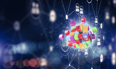 Küp şekli ve sosyal bağlantı çizgileri olan kavramsal arkaplan resmi. 3d oluşturma