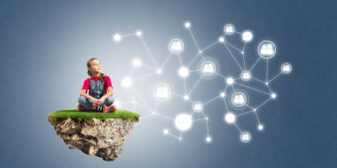 Ada ve sosyal bağlantı kavramı uçan üzerinde oturan sevimli kız