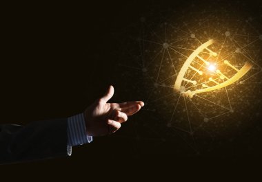 Dna molekülü araştırma kavram olarak sunulması iş adamı el kapatın. Karışık teknik