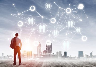 Modern şehir manzarası ve bağlantı konseptine bakan işadamlarının arka planı