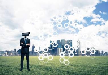 Ekranda baş ve medya arayüzü yerine kamerayla şık bir iş adamı