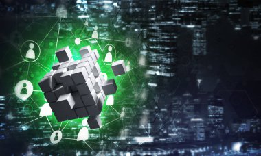 Küp şekli ve sosyal bağlantı çizgileri olan kavramsal arkaplan resmi. 3d oluşturma