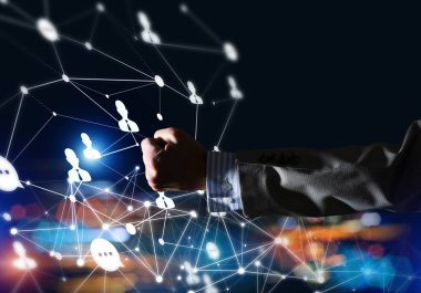 Koyu arkaplan üzerinde sosyal bağlantı çizgileri olan arkaplan kavramsal resmi