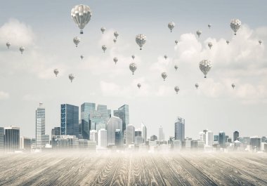 Sis ve balon gökyüzünde modern cityscape gökdelenler ve Binalar ile kaplı