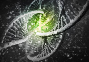 DNA molekülü araştırma konseptiyle arkaplan resmi. 3B görüntüleme