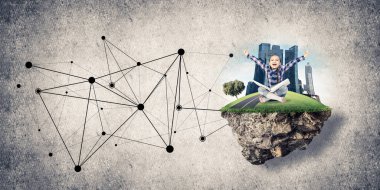 Bağlantı konsepti yüzen ada ve üzerinde kitap oturan mutlu kız çocuğu