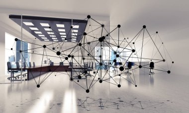Noktalarla bağlantılı çizgiler ofis içi sosyal iletişim konsepti olarak. 3B görüntüleme