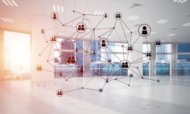 Noktalarla bağlantılı çizgiler ofis içi sosyal iletişim konsepti olarak. 3B görüntüleme