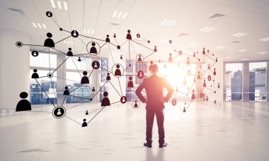 3D ofis içi ve sosyal bağlantı kavramındaki zarif iş adamı. Karışık ortam