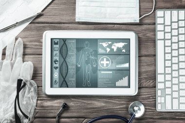 Beyaz tablet bilgisayar ve doktor aletleri ahşap masada.