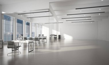 Pencereleri ve işyerleri olan modern, boş, zarif bir ofis. Karışık ortam