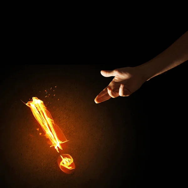 Hands Reaching Each Other Fire Glowing Exclamation Mark — Stock Photo, Image