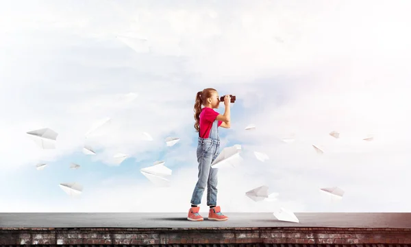 Cute Girl School Age Building Roof Looking Binoculars — Stock Photo, Image