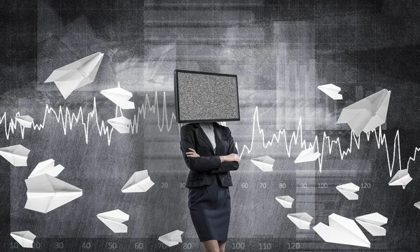 Business Woman Suit Instead Head Keeping Arms Crossed While Standing — Stock Photo, Image