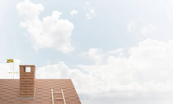 Techo Ladrillo Marrón Con Chimenea Contra Fondo Azul Cielo Medios — Foto de Stock