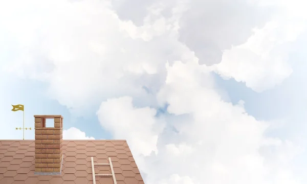 茶色の煉瓦屋根青空背景に煙突 ミクスト メディア — ストック写真