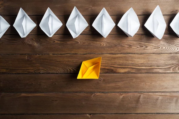 Set Origami Boats Wooden Table — Stock Photo, Image