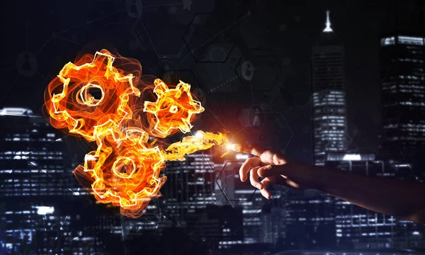 Fire Burning Gear Mechanism Night City Background — Stock Photo, Image