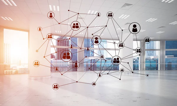 Noktalarla bağlantılı çizgiler ofis içi sosyal iletişim konsepti olarak. 3B görüntüleme
