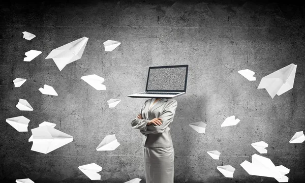 Business Woman Suit Laptop Instead Head Keeping Arms Crossed While — Stock Photo, Image