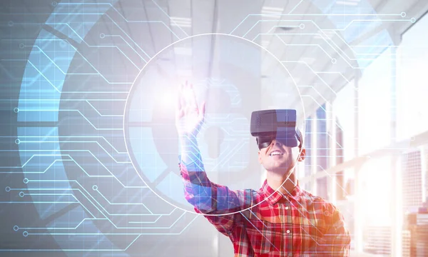 Guy Wearing Checked Shirt Virtual Headset Working Media Screen Panel — Stock Photo, Image