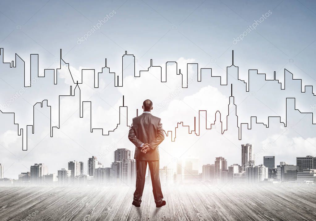 Businessman standing with back and looking at silhouette of modern business center