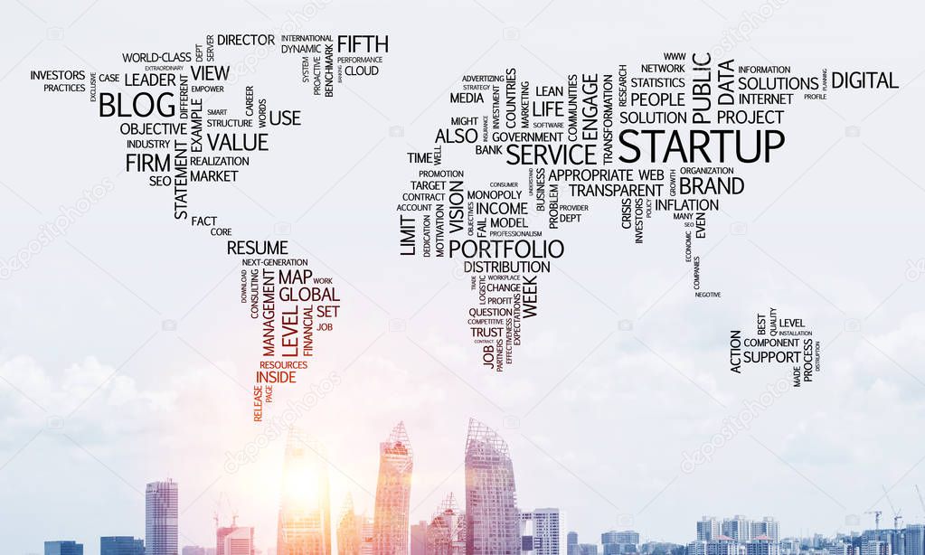 Business-related terms collage in form of world map with modern cityscape and sunlight on background.