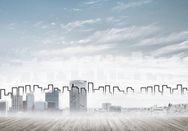 Elle çizilmiş siluet modern şehir manzarasının üzerinde kuleler ve gökdelenlerle