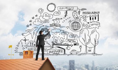 İş başarı planı çizim arka olan genç adam. Karışık teknik