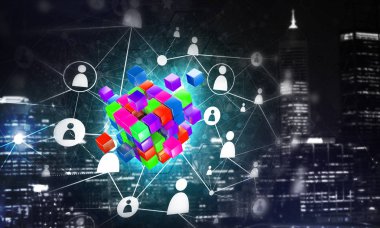 Küp şekli ve sosyal bağlantı çizgileri olan kavramsal arkaplan resmi. 3d oluşturma