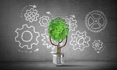 Cam ampul karşı içine yerleştirilen vites ağaçtan ile dişli mekanizması arka planda gri duvar üzerinde kabataslak. 3D render.