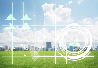 Ekranda medya simgelerine ve arka planda iş şehrine sahip modern teknolojiler kavramı