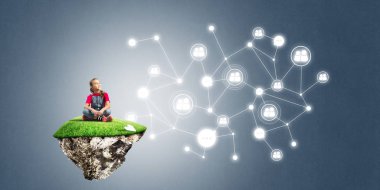 Ada ve sosyal bağlantı kavramı uçan üzerinde oturan sevimli kız