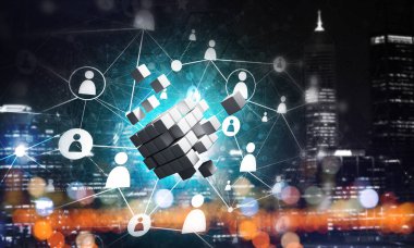 Küp şekli ve sosyal bağlantı çizgileri olan kavramsal arkaplan resmi. 3d oluşturma