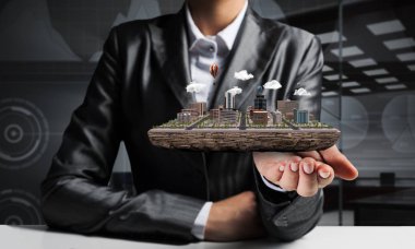 Takım elbise onun el modern şehir blok zemin üzerine office manzaralı sunulmasına işadamı resim kırpılmış. 3D render.