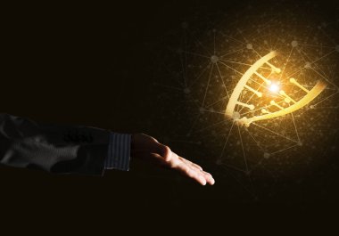 Dna molekülü araştırma kavram olarak sunulması iş adamı el kapatın. Karışık teknik