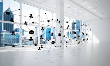 Noktalarla bağlantılı çizgiler ofis içi sosyal iletişim konsepti olarak. 3B görüntüleme