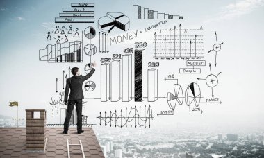 İş başarı planı çizim arka olan genç adam. Karışık teknik