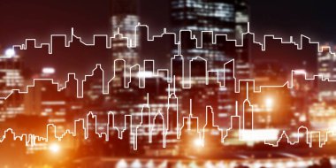 Parlayan ışıklar ve onun çizilmiş silueti ile Modern gece city scape