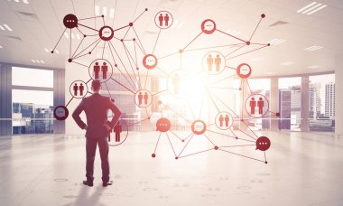 3D ofis içi ve sosyal bağlantı kavramındaki zarif iş adamı. Karışık ortam