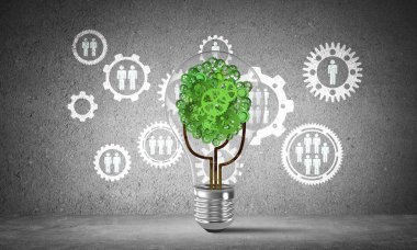 Gri duvara kabataslak sosyal dişli yapısına karşı ampul ile vites ağaçtan yerleştirilir. 3D render.