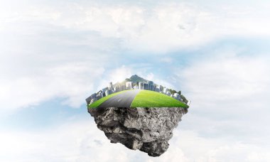 Cityscape gökyüzünde yüzen adada eko yeşil konseptiyle